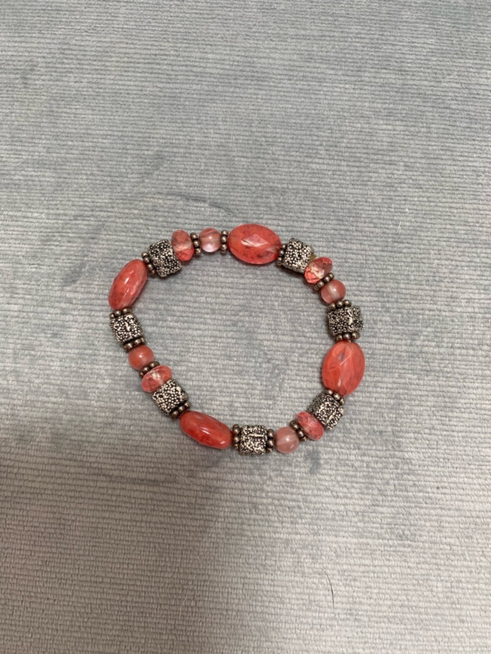 Coral Stretch Bracelet Featuring Coral Colored Stones,Beads & Decorative Silver